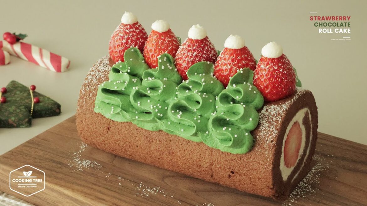 Gâteau roulé de Noël au chocolat et aux fraises